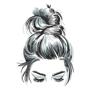 May include: Black and gray illustration of a woman's hairstyle, featuring a high bun and closed eyes with long eyelashes and stylized eye makeup. The hair is detailed with fine lines, creating a textured effect against a white background.