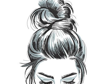 Messy Bun Girl Embroidery Design – Fashionable Woman Face with Lashes Machine Embroidery Pattern