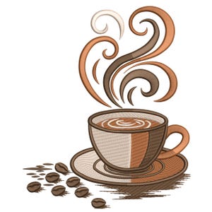 Peut inclure: Motif brodé d'une tasse de café fumante, posée sur une soucoupe, entourée de grains de café. La tasse est marron et beige, avec une anse. La vapeur s'élève en volutes dans des tons marron et blanc.