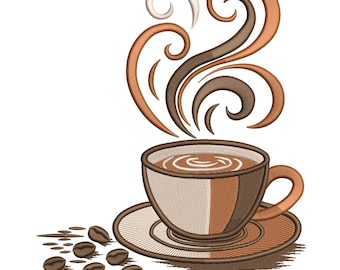 Coffee Cup Swirls Embroidery Design– Modern Café Machine Embroidery Design File