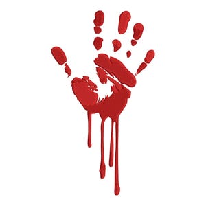 Puede incluir: Una huella de mano roja con efecto de goteo de sangre. La huella de la mano es detallada, con impresiones visibles de los dedos y la palma. La sangre gotea en varios chorros, creando un efecto visual dramático sobre un fondo blanco.