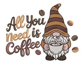 Coffee Gnome Machine Embroidery Design  File