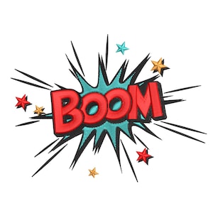 May include: Embroidered design featuring the word "BOOM" in red, with a blue outline and a teal burst background. Black lines radiate outwards, with red, gold, and teal stars scattered around the central text. Comic book style.