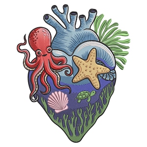 May include: Embroidered design of a blue heart shape with an octopus, starfish, seashell, and turtle. The octopus is red, the starfish is tan, and the seashell is pink. Green seaweed and a green plant are also included.