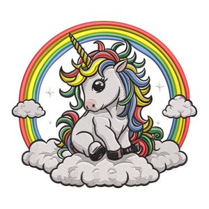 May include: Embroidered design of a white unicorn with a golden horn, sitting on a cloud. The unicorn has a rainbow mane and tail, with a rainbow arching behind it. Two fluffy clouds and stars complete the design.