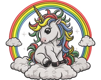 Rainbow Unicorn Embroidery Design – Cute Magical Pony on Clouds Stitch Pattern