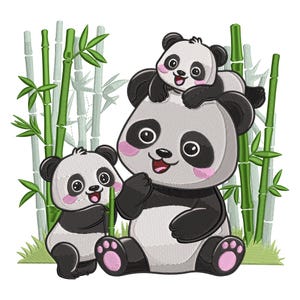 Lindo diseño de bordado de familia de pandas, archivo de bordado a máquina de panda bebé con bambú, patrón de puntada de animal de dibujos animados