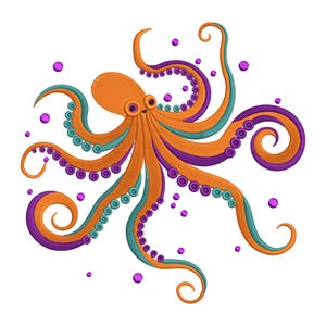 May include: An orange octopus with purple and teal tentacles, surrounded by small purple dots on a white background.