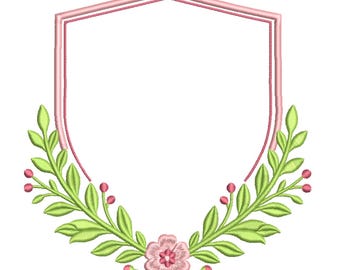 Floral Shield Frame with Leaves Machine Embroidery Design- Machine Embroidery Design File