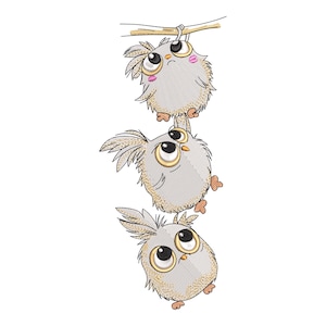 May include: Three gray owls with large eyes and pink cheeks are hanging upside down from a branch. The owls are cartoon-like and have a whimsical expression.