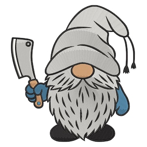 May include: Embroidered gnome design with a gray hat, long white beard, and blue gloves, holding a cleaver. The gnome has a tan nose and black shoes. This whimsical design is perfect for apparel and home decor.