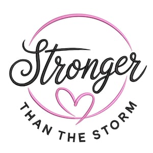 May include: A white graphic featuring the words "Stronger Than The Storm" in black script, encircled by a pink outline. A pink heart shape is centered below the word "Stronger".
