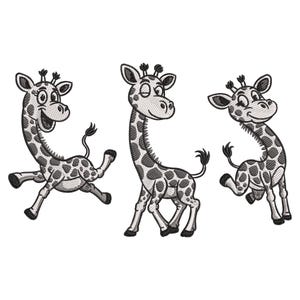 May include: Three embroidered giraffes in various poses. Each giraffe has a long neck, spotted pattern, and a smiling expression. The giraffes are in shades of gray and black, with a white background.