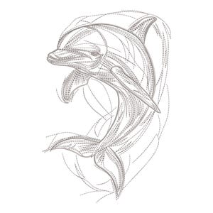 Op de afbeelding: Gedetailleerde illustratie van een dolfijn die uit het water springt. Het kunstwerk is uitgevoerd in een minimalistische stijl, met fijne, gestippelde lijnen om de vorm van de dolfijn en het omringende water te definiëren. De dolfijn is afgebeeld in grijstinten tegen een witte achtergrond.