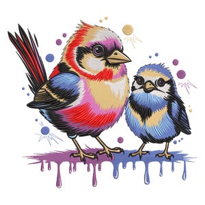 Puede incluir: Dos pájaros coloridos con un esquema de color rosa, azul y rojo están posados ​​en una salpicadura de pintura púrpura y azul. Los pájaros están estilizados y tienen una apariencia de dibujos animados.