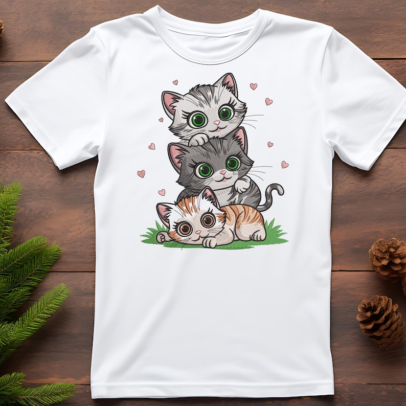 May include: White t-shirt featuring a stacked illustration of three cartoon kittens. The top kitten is gray and white, the middle one is gray, and the bottom one is orange and white. Small pink hearts are scattered around the kittens.