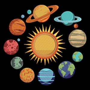 May include: Embroidered depiction of the solar system on a black backdrop. The sun is central, encircled by planets in diverse hues, including orange, blue, green, and brown. The planets feature intricate textures and rings.