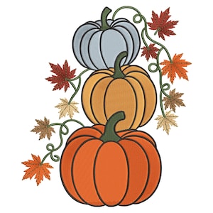 May include: An embroidered design featuring three stacked pumpkins in shades of orange, yellow, and blue. Green vines with colorful autumn leaves, including red, orange, and brown, surround the pumpkins. The design is set against a white background.