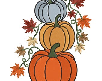 Stacked Pumpkins with Autumn Leaves Embroidery Design – Fall Machine Embroidery File