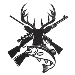 May include: Black and white embroidered design featuring a deer head with large antlers, crossed rifles, and a fish. The design is likely for hunting or outdoor enthusiasts.