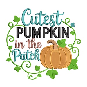 May include: A seasonal design with an orange pumpkin, brown stem, and green leaves. The text "Cutest Pumpkin in the Patch" is in teal, black, and pink, framed by a green vine. Ideal for autumn decorations and crafts.