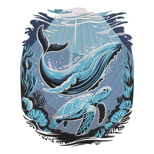 Könnte beinhalten: Illustration eines Wals und einer Meeresschildkröte unter Wasser. Der Wal ist blau mit schwarzen Akzenten, und die Schildkröte ist hellblau. Der Hintergrund ist ein strukturiertes Blau mit stilisierten Algen und Sonnenlicht.