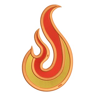 May include: Embroidered flame design in shades of red, orange, and yellow. The flame has a detailed, textured appearance, with a golden outline. The design is likely for patches, apparel, or decorative purposes.
