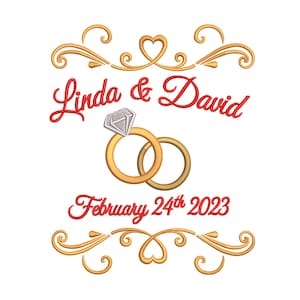 Puede incluir: Diseño bordado con los nombres "Linda & David" en escritura roja, con dos anillos de boda dorados y la fecha "February 24th 2023." Adornos dorados y acentos de corazón enmarcan el texto y los anillos, creando un tema de celebración.