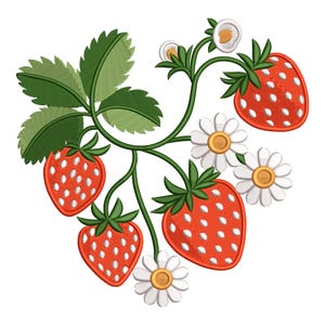Può includere: Design ricamato con fragole rosse mature con semi bianchi, foglie verdi e margherite bianche con centri gialli. Il design è su sfondo bianco, che mostra un tema floreale e fruttato.