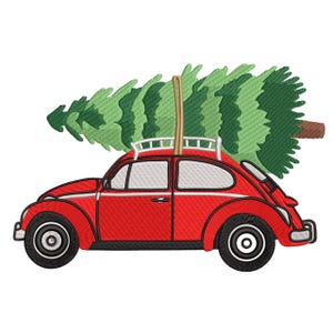 Könnte beinhalten: Ein rotes Oldtimer-Auto mit schwarzen Reifen und einem weißen Dachträger transportiert einen grünen Weihnachtsbaum. Das Auto hat weiße Fenster und eine schwarze Umrandung. Festliche Illustration.