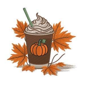 Pode incluir: Um desenho bordado de uma chávena de café castanha com chantilly, um canudo verde e uma abóbora laranja. A chávena é emoldurada por folhas de outono laranja, evocando um tema sazonal.