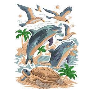 Könnte beinhalten: Gesticktes Design mit Delfinen, Möwen und einer Meeresschildkröte. Die Delfine sind blau und grau, die Möwen sind beige und blau, und die Schildkröte ist braun. Palmen und Sonnen sind ebenfalls enthalten.