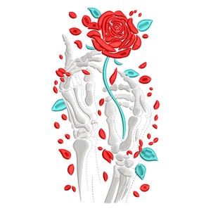 Könnte beinhalten: Ein Paar Skeletthände halten eine rote Rose mit einem blauen Stiel und grünen Blättern. Die Rose ist von roten Blütenblättern umgeben.
