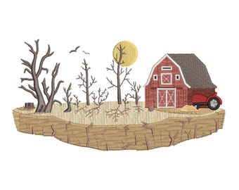 Moonlit Rustic Barn & Vintage Tractor Machine Embroidery Design- Machine Embroidery Design File
