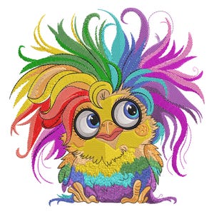 Diseño de bordado de pájaro de pelo loco colorido, archivo de bordado a máquina con divertido dibujo de arcoíris, patrón de animal caprichoso