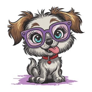 Disegno da ricamo per cucciolo carino, file per ricamo a macchina con cane dei cartoni animati con occhiali, divertente schema per gli amanti degli animali domestici