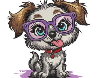 Cute Puppy Embroidery Design, Cartoon Dog with Glasses Machine Embroidery File, Fun Pet Lover Stitch Pattern
