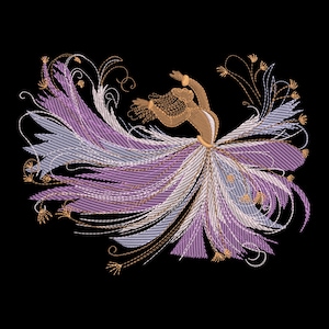 May include: Embroidered design of a stylized figure in a flowing purple and white dress with gold accents. The figure is dancing with arms outstretched.