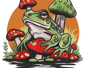 Frog and Mushrooms Embroidery Design: Whimsical Forest Stitch embroidery file