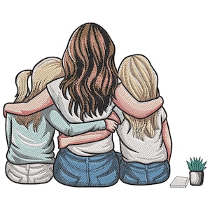 May include: Three women with long hair are hugging each other from behind. The woman in the middle is wearing a blue denim skirt and a white shirt. The women on either side are wearing white shirts and light blue denim skirts.