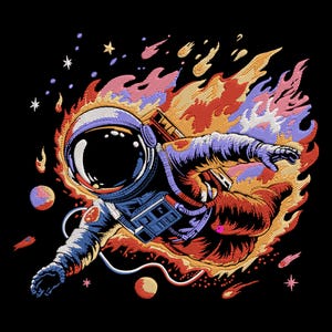 Puede incluir: Ilustración de un astronauta con un traje espacial azul y blanco, rodeado de llamas, flotando en el espacio. La ilustración presenta un fondo negro con estrellas, planetas y fuego colorido. El astronauta está en una pose dinámica, con los brazos extendidos.
