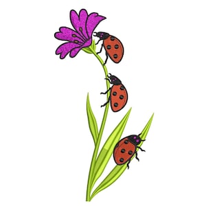 May include: An embroidered design featuring a purple flower with three ladybugs. The ladybugs are red with black spots and black heads. The flower and ladybugs are on a green stem with green leaves.