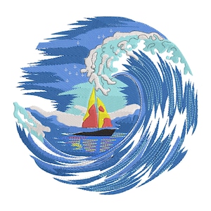 Ocean Wave Embroidery Design, Sailboat Nautical Machine Embroidery File, Sea Adventure Embroidery Pattern