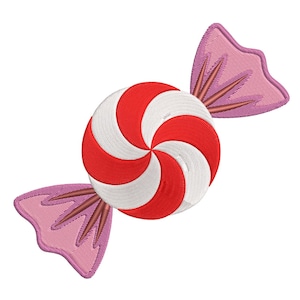 Può includere: Design di caramella ricamata con un centro a spirale rosso e bianco, avvolta in tessuto rosa e viola. La caramella ha un motivo a spirale. Il design è su sfondo bianco.