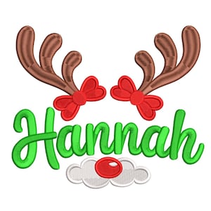 May include: A festive design featuring reindeer antlers, red bows, and the name "Hannah" in green script. Below the name is a white cloud with a red nose, creating a holiday theme.