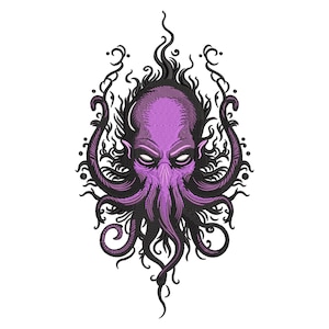 Peut inclure: Motif brodé d'une pieuvre violette et noire. La pieuvre a une tête détaillée avec des yeux blancs brillants et des tentacules. Le motif est entouré d'éléments décoratifs tourbillonnants. L'image est sur fond blanc.