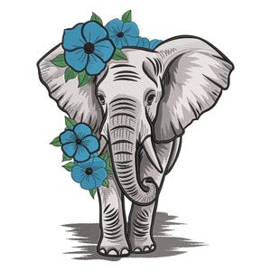 May include: A gray elephant with blue flowers on its head. The elephant is facing forward with its trunk curled up. The flowers are a light blue color with a darker blue center.