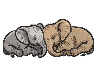 Sleeping Baby Elephants Embroidery Design, Cute Animal Pair Machine Embroidery File, Cuddling Elephant Stitch Pattern