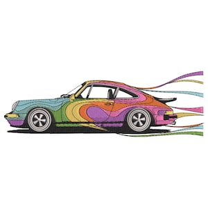 Può includere: Illustrazione stilizzata di un'auto sportiva classica con un design arcobaleno. Linee fluide si estendono dalla parte posteriore. Le ruote hanno un design a stella. Sfondo bianco.