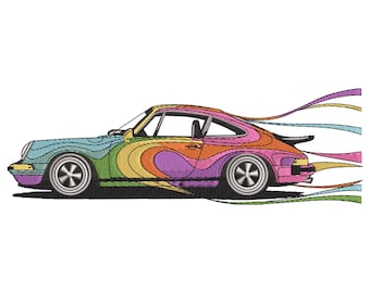 Rainbow Car Embroidery Design: Psychedelic Sports Car pes file